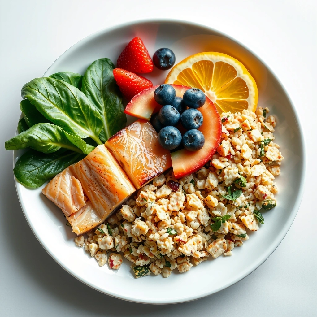 Assiette équilibrée avec légumes, fruits, protéines et céréales complètes